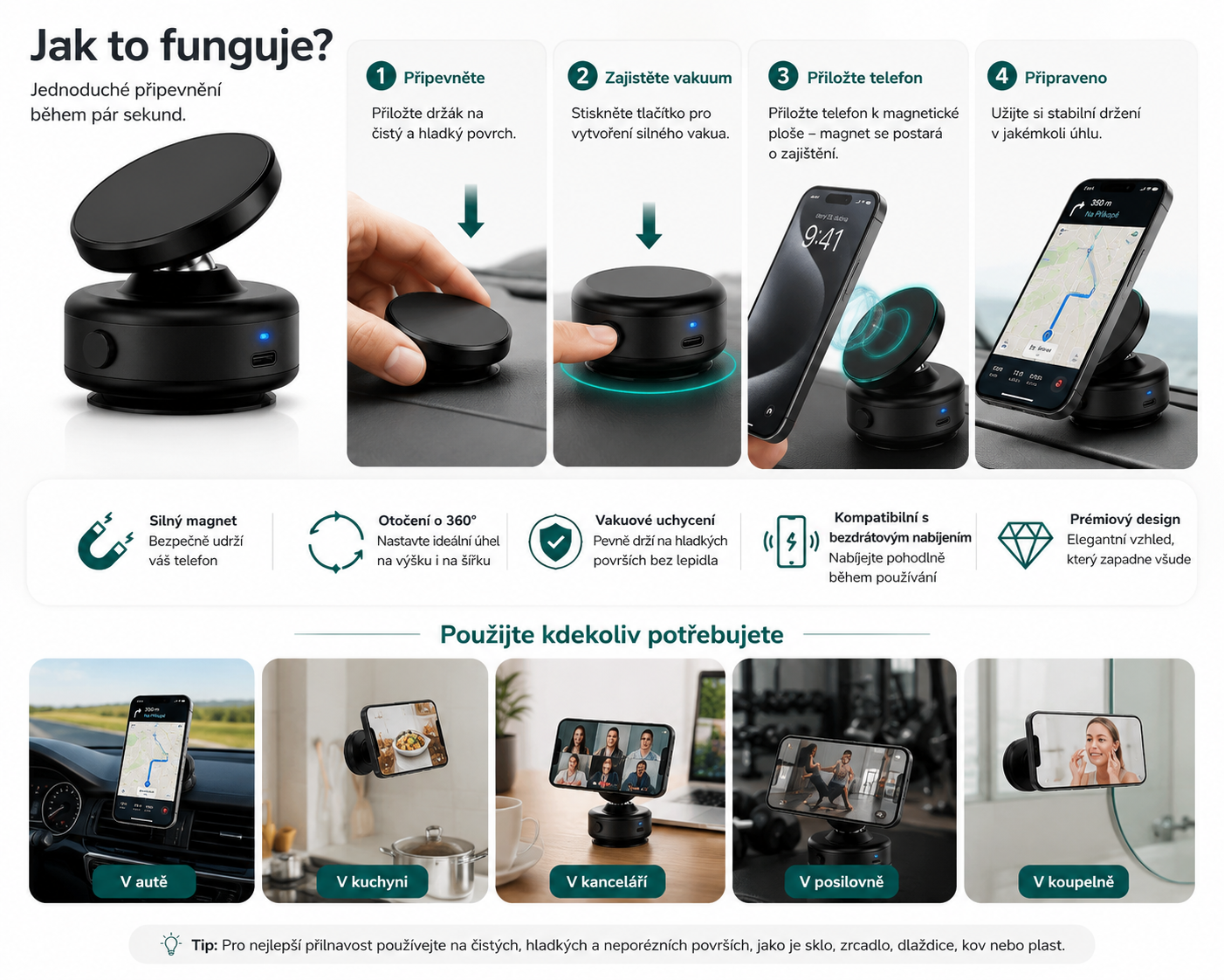 Magnetický držák telefonu do auta s vakuovým uchycením | Poctivo