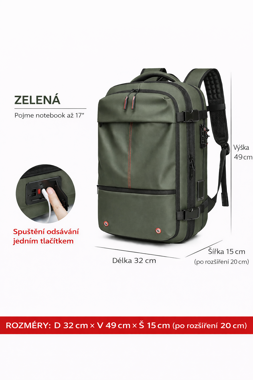 Vakuový cestovní batoh s rozšířením