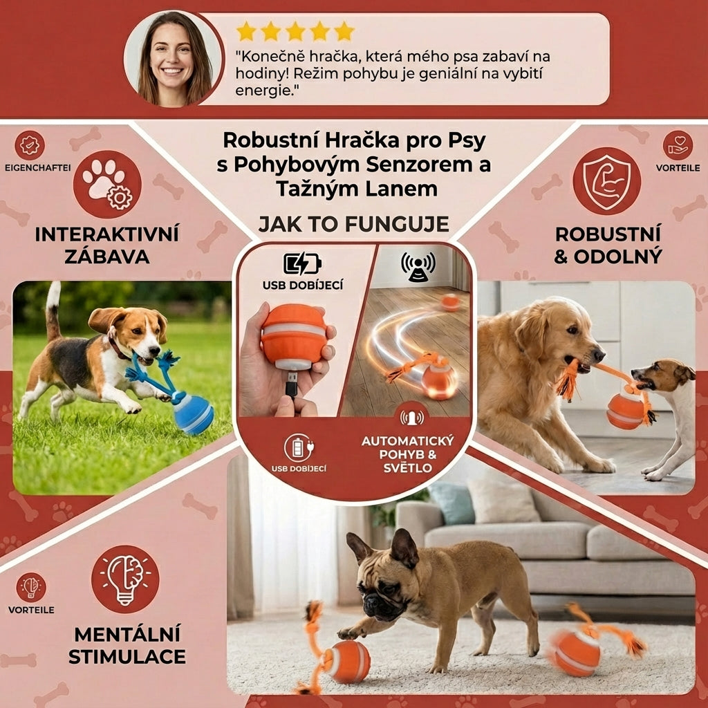 Interaktivní psí míček s pohybovým senzorem a lanem