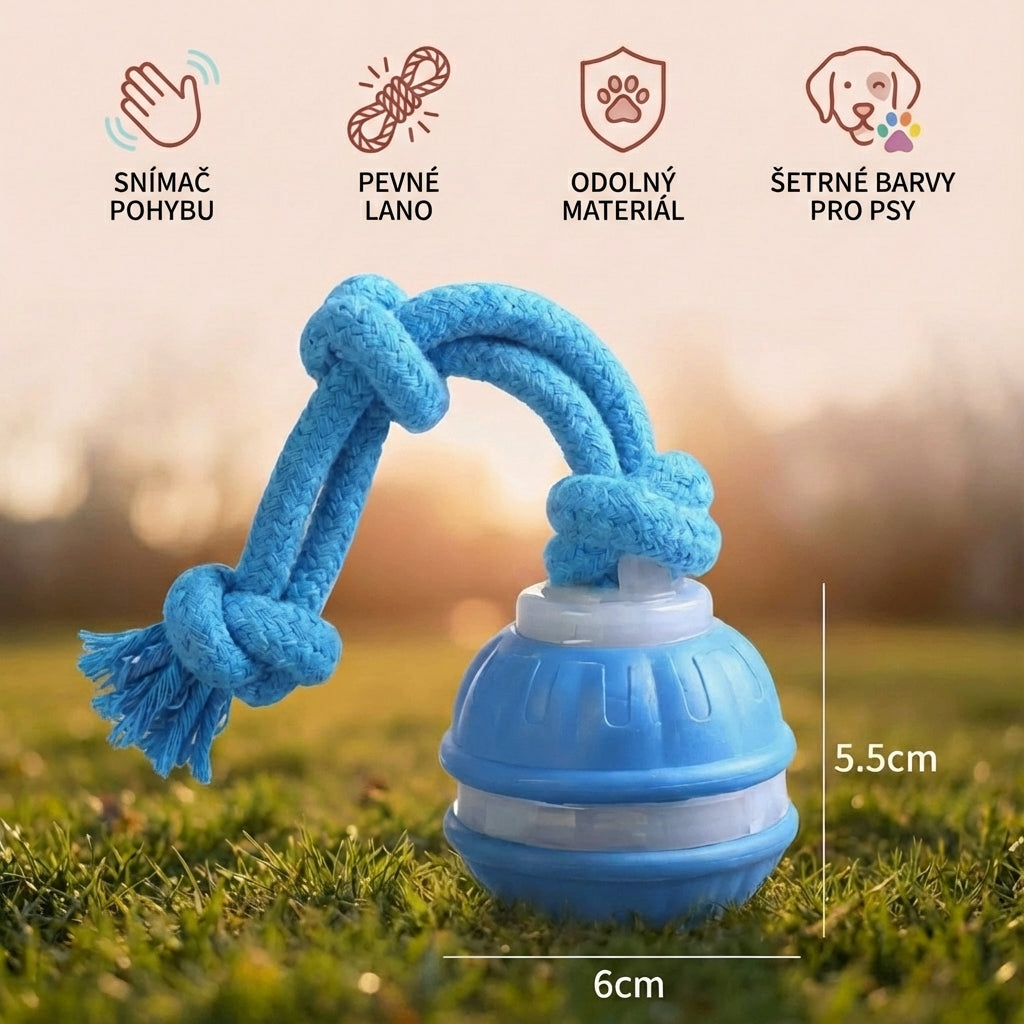 Interaktivní psí míček s pohybovým senzorem a lanem