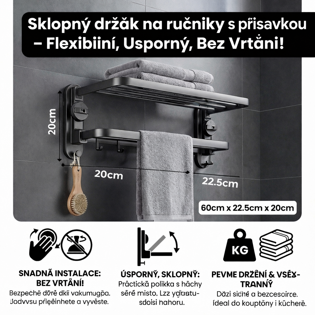 Sklopný držák na ručníky s přísavkou bez vrtání | Poctivo