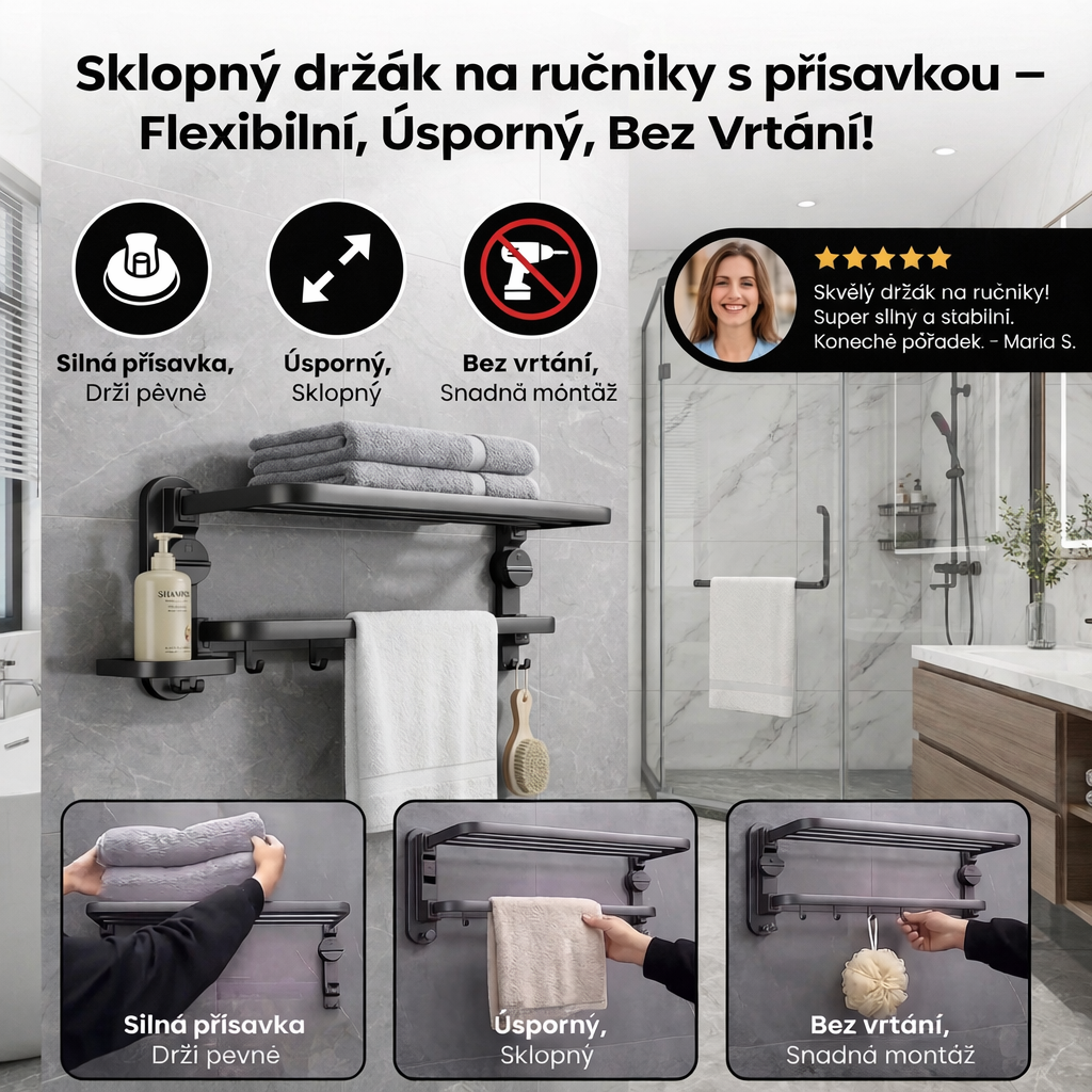 Sklopný držák na ručníky s přísavkou bez vrtání | Poctivo